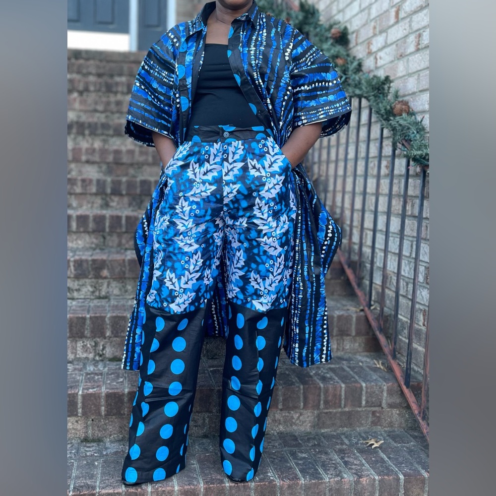 Stylish Blue Patterned Women's Multicolor Two Piece Oversized Kimono Pants Set
